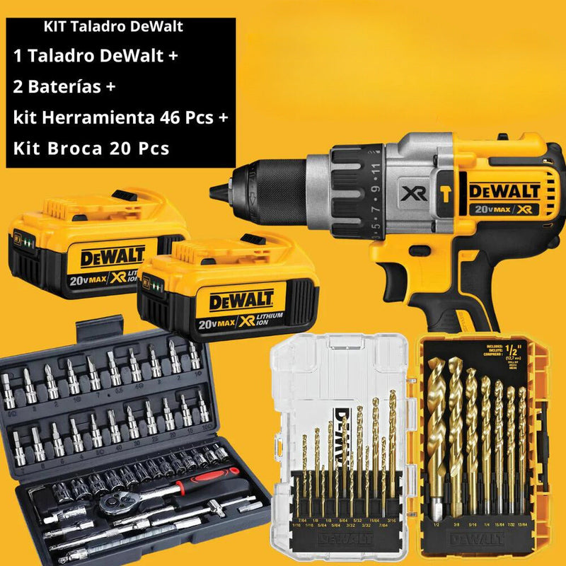 Kit Taladro DeWalt + 2 Baterías + Kit Herramienta 46 Pcs + Kit Broca 20 Pcs Titanio